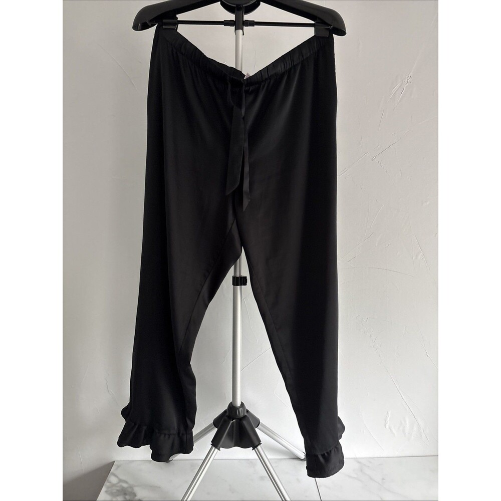 Victoria’s Secret Black Satin Ruffle Hem Pajama Pants XL Drawstring Lounge Sleep